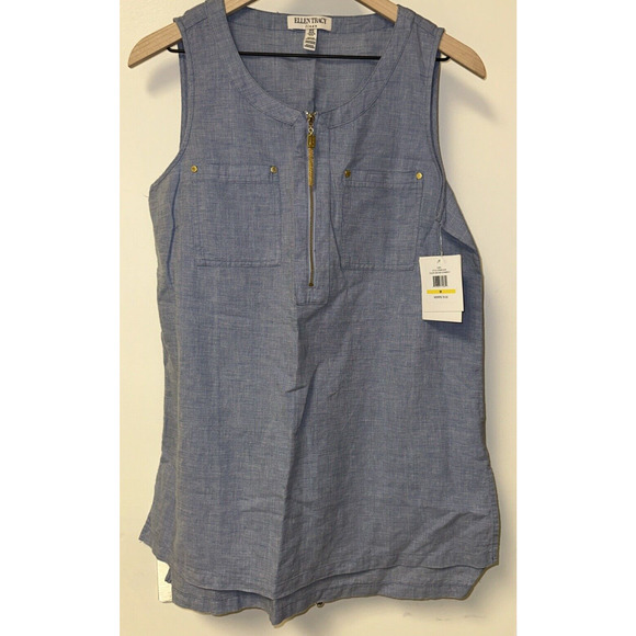 Ellen Tracy Women Size Medium Sleeveless Gold Zipper Front‎ Tunic Chambray Linen - Picture 1 of 11
